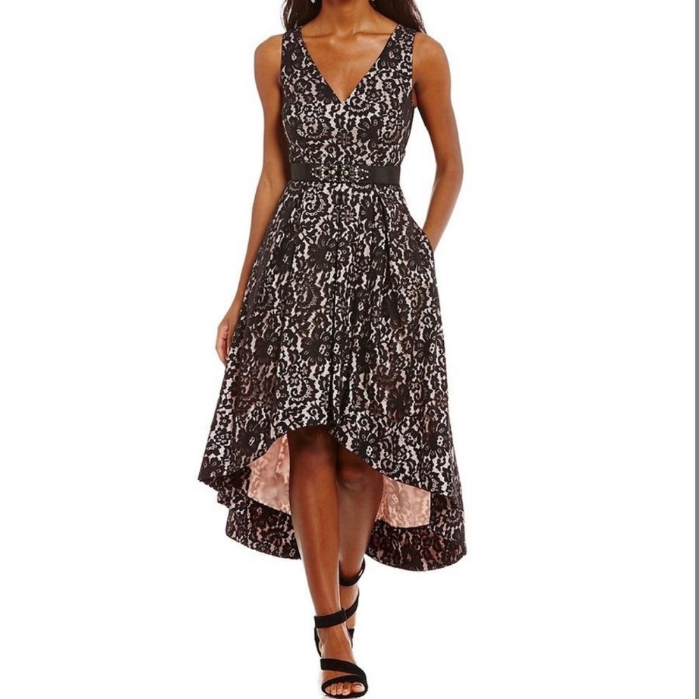 Eliza J black lace, high low ballgown